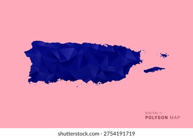 Puerto Rico Map - Low poly polygon map in deep blue gradient on soft pink pastel background, modern minimal geometric design, clean digital vector illustration.