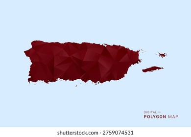 Puerto Rico Map - Low poly polygon map in deep red gradient on light blue background, modern minimal geometric design, vector illustration with faceted triangulated style.