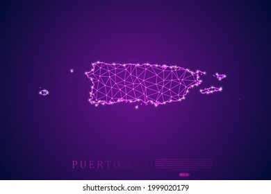 Puerto Rico Map mash line and point scales on purple technology background. Wire Frame 3D mesh polygonal network line, design sphere, dot and structure -  Vector illustration eps 10