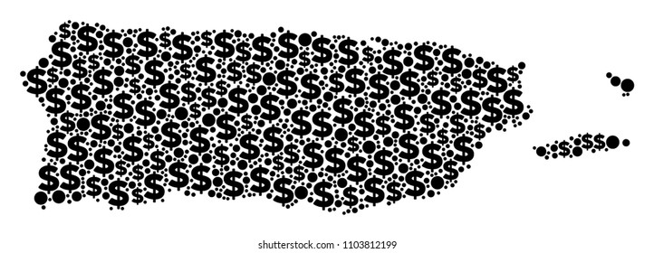 Puerto Rico map mosaic of dollar symbols and round dots in various sizes. Abstract vector financial and GDP Puerto Rico map.