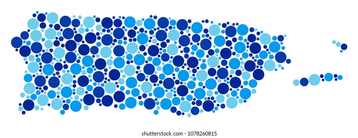 Puerto Rico Map mosaic of filled circles in various sizes and blue color tinges. Random filled circles are arranged into Puerto Rico Map illustration. Vector geography blue map vector illustration.