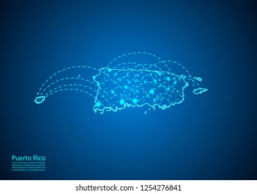 puerto Rico map with nodes linked by lines. concept of global communication and business. Dark puerto Rico map created from white dots with travel locations or internet connection.