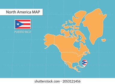 Puerto Rico map in North America, icons showing Puerto Rico location and flags.