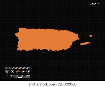 Puerto Rico map of orange digital frame HUD, GUI, UI interface technology radar vector.