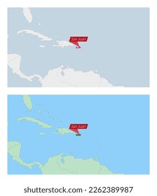 Puerto Rico map with pin of country capital. Two types of Puerto Rico map with neighboring countries. Vector template.