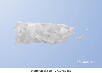 Puerto Rico Map - polygon style vector illustration in gray, white and blue tone, low-poly geometric design, minimal silhouette, suitable for infographic and modern design.