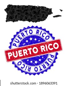 Puerto Rico map polygonal mesh with filled triangles, and scratched bicolor rubber seal. Triangle mosaic Puerto Rico map with mesh vector model, triangles have randomized sizes, and positions,