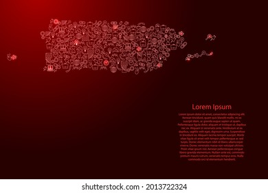 Puerto Rico map from red and glowing stars icons pattern set of SEO analysis concept or development, business. Vector illustration.