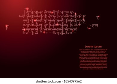 Puerto Rico map from red pattern of the maze grid and glowing space stars grid. Vector illustration.