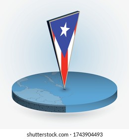 Puerto Rico map in round isometric style with triangular 3D flag of Puerto Rico, vector map in blue color. 
