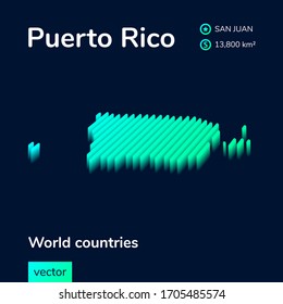 Puerto Rico map. Stylized isometric neon striped vector 3d map. Map of Puerto Rico is in green and mint colors on the dark blue background