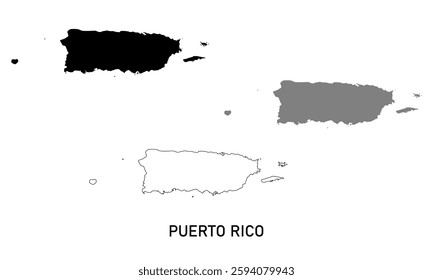 Puerto Rico map in various style outline, black, and gray	