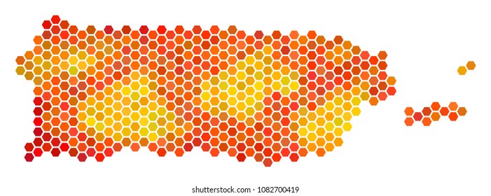 Puerto Rico map. Vector hex-tile territorial map in flame color shades. Impressive Puerto Rico map mosaic is combined of burn honeycomb blots.