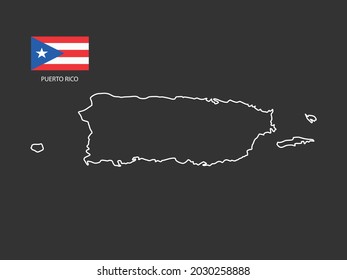 Puerto Rico map vector thin white line style on the black background and Puerto Rico flag in this vector.