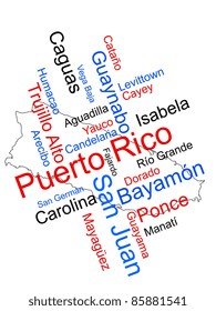 Puerto Rico map and words cloud with larger cities