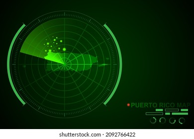 Mapa de Puerto Rico - Mapa Mundial Plantilla vectorial Internacional con el estilo de radar de círculo futurista HUD, GUI, interfaz de interfaz de usuario aislada en fondo verde oscuro - Ilustración vectorial eps 10