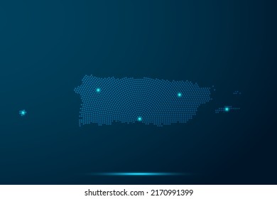 Puerto Rico Map - World Map vector template with dots, grid, grunge, halftone style and light, network line, design sphere on blue technology background -  Vector illustration eps 10