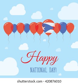 Puerto Rico National Day Flat Patriotic Poster. Row of Balloons in Colors of the Puerto Rican flag. Happy National Day Puerto Rico Card with Flags, Balloons, Clouds and Sky.