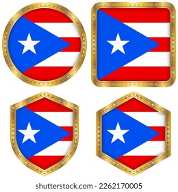 Puerto Rico National Flag Collection Set of Circular, Square, Shield, Hexagon Gold Border Logo Button Icon Vector Design Isolated on White Background