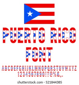 Puerto Rico National flag flat stylized Font. Alphabet and Numbers in Vector Set