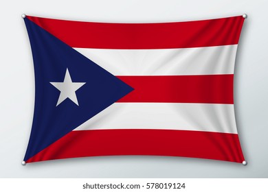 Puerto rico national flag. Symbol of the country on a stretched fabric with waves attached with pins. Realistic vector illustration.