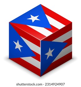 Puerto Rico (North America) (Puerto Rican, Boricua) (Spanish) National Flag, Country Emblem 2.5D Isometric Projection Cube Symbol Gloss Plastic Symmetry Square Design Isolated on White Background