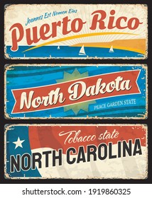 Puerto Rico, North Dakota and North Carolina states metal plates. United States of America region shabby retro sign, old signboards with inscription vintage typography, flag and rust texture vector