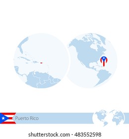 Puerto Rico on world globe with flag and regional map of Puerto Rico. Vector Illustration.