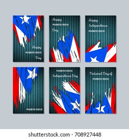 Puerto Rico Patriotic Cards for National Day. Expressive Brush Stroke in National Flag Colors on dark striped background. Puerto Rico Patriotic Vector Greeting Card.