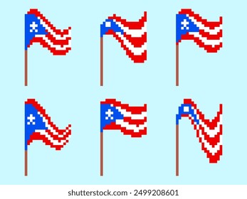 Puerto Rico pixel flag icon set. Waving Puerto Rico flag in 8-bit retro graphic style from the 80s. Pixel art design for banners and posters. Vector illustration