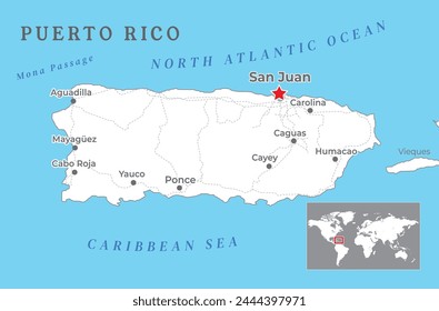 Puerto Rico Political Map with capital San Juan, United States territory in the northeastern Caribbean, with important cities