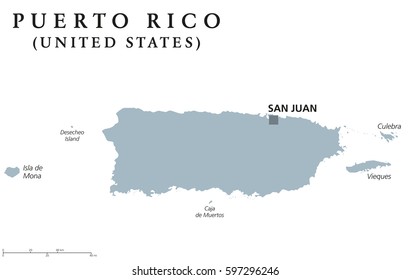 Puerto Rico political map with capital San Juan. Commonwealth and country, also called Porto Rico. Unincorporated territory of the United States. Gray illustration over white. English labeling. Vector