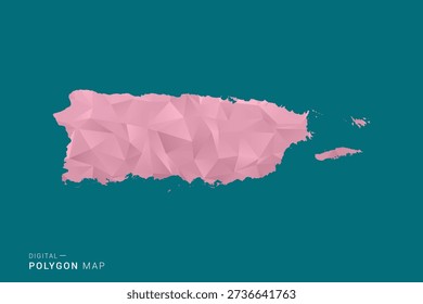 Puerto Rico polygon map vector illustration in low poly geometric style, soft pastel colors with pink and teal green tones, clean silhouette on solid background, ideal for infographic.