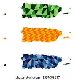 Puerto Rico polygonal maps set background low poly style green, blue, yellow colors vector illustration eps
