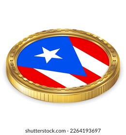 Puerto Rico (PR) National Flag Round Icon 2.5D Isometric Projection View Gold Coin Isolated on White Background