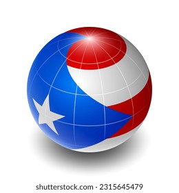 Puerto Rico (PR) (Puerto Rican, Boricua) National Flag 2.5D Isometric View, Metallic Sphere Ball Globe Design, Flag Symbol Isolated on White Background