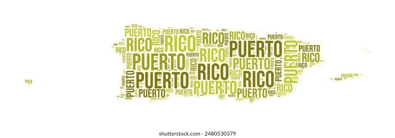 In: Puerto Rico region word cloud. Country-Shape-Design. Farbige Illustration von Puerto Rico. Region benennt Collage Cloud. Vektorillustration.