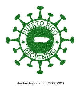 Puerto Rico Reopening Stamp. Green round badge of country with map of Puerto Rico. Country opening after lockdown. Vector illustration.