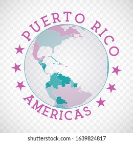 Puerto Rico round logo. Badge of country with map of Puerto Rico in world context. Country sticker stamp with globe map and round text. Charming vector illustration.