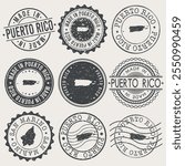 Puerto Rico Set of Stamps. Country Travel Marks. Made In Product. Design Seals Old Style Insignia.