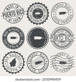 Conjunto de selos de Porto Rico. Marcas de viagem do país. Fabricado Em Produto. Design Seals Estilo Antigo Insígnia.