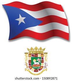 puerto rico shadowed textured wavy flag and coat of arms against white background, vector art illustration, image contains transparency transparency