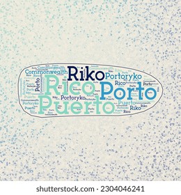 Puerto Rico shape with country names word cloud in multiple languages. Puerto Rico border map on attractive triangles scattered around. Beautiful vector illustration.