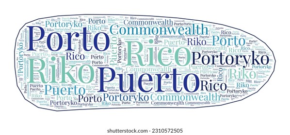 Puerto Rico shape filled with country name in many languages. Puerto Rico map in word cloud style. Attractive vector illustration.