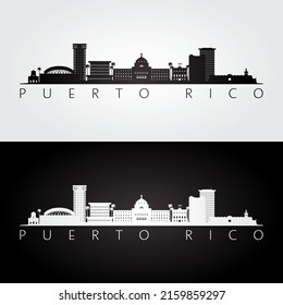 Puerto Rico skyline and landmarks silhouette, black and white design, vector illustration.