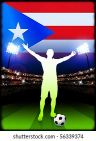 Puerto Rico Soccer Player with Flag on Stadium Background Original Illustration