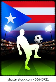 Puerto Rico Soccer Player with Flag on Stadium Background Original Illustration