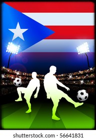 Puerto Rico Soccer Player with Flag on Stadium Background Original Illustration