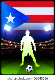 Puerto Rico Soccer Player with Flag on Stadium Background Original Illustration