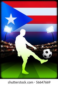 Puerto Rico Soccer Player with Flag on Stadium Background Original Illustration